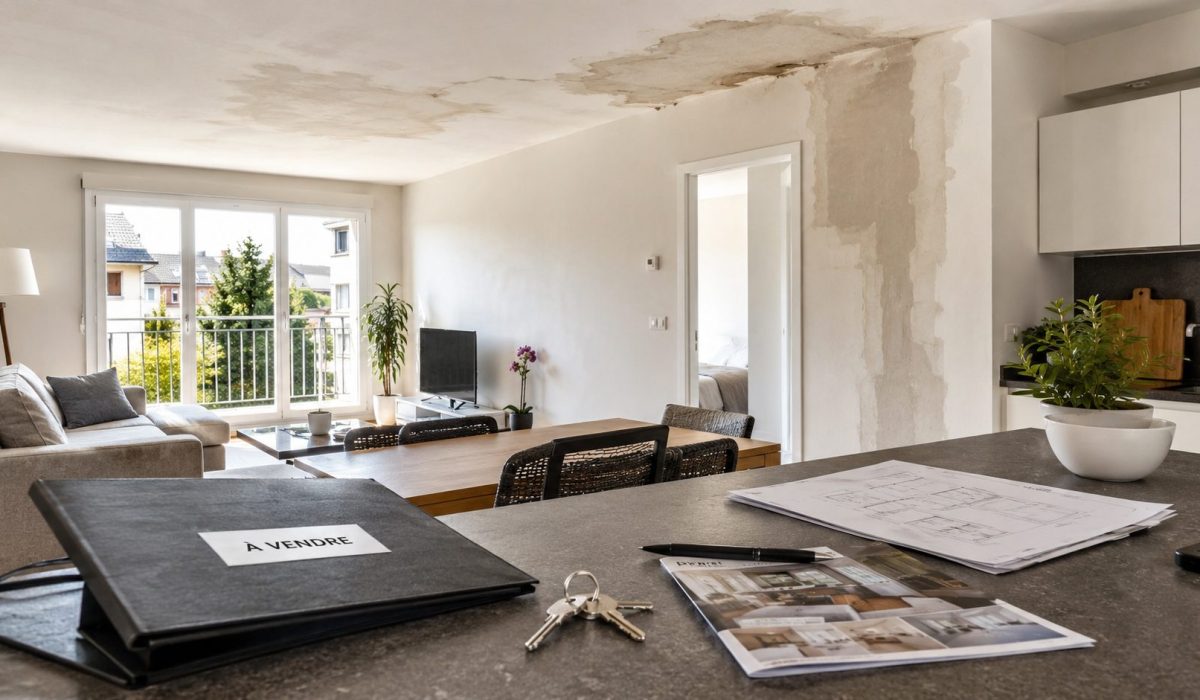 Appartement à vendre avec traces visibles de dégât des eaux au plafond et dossier immobilier sur la table