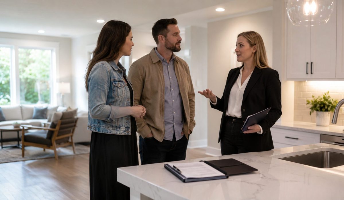 Agent immobilier présentant un logement propre et désinfecté après sinistre à des acheteurs